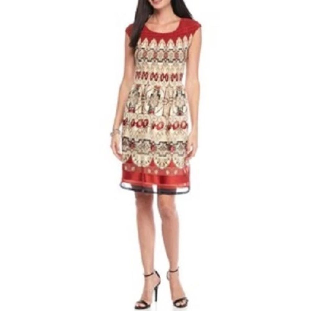 Sophie Max |‎ Rust Cream Micropleat Smocked Bodice Cap Sleeve Midi Dress M
